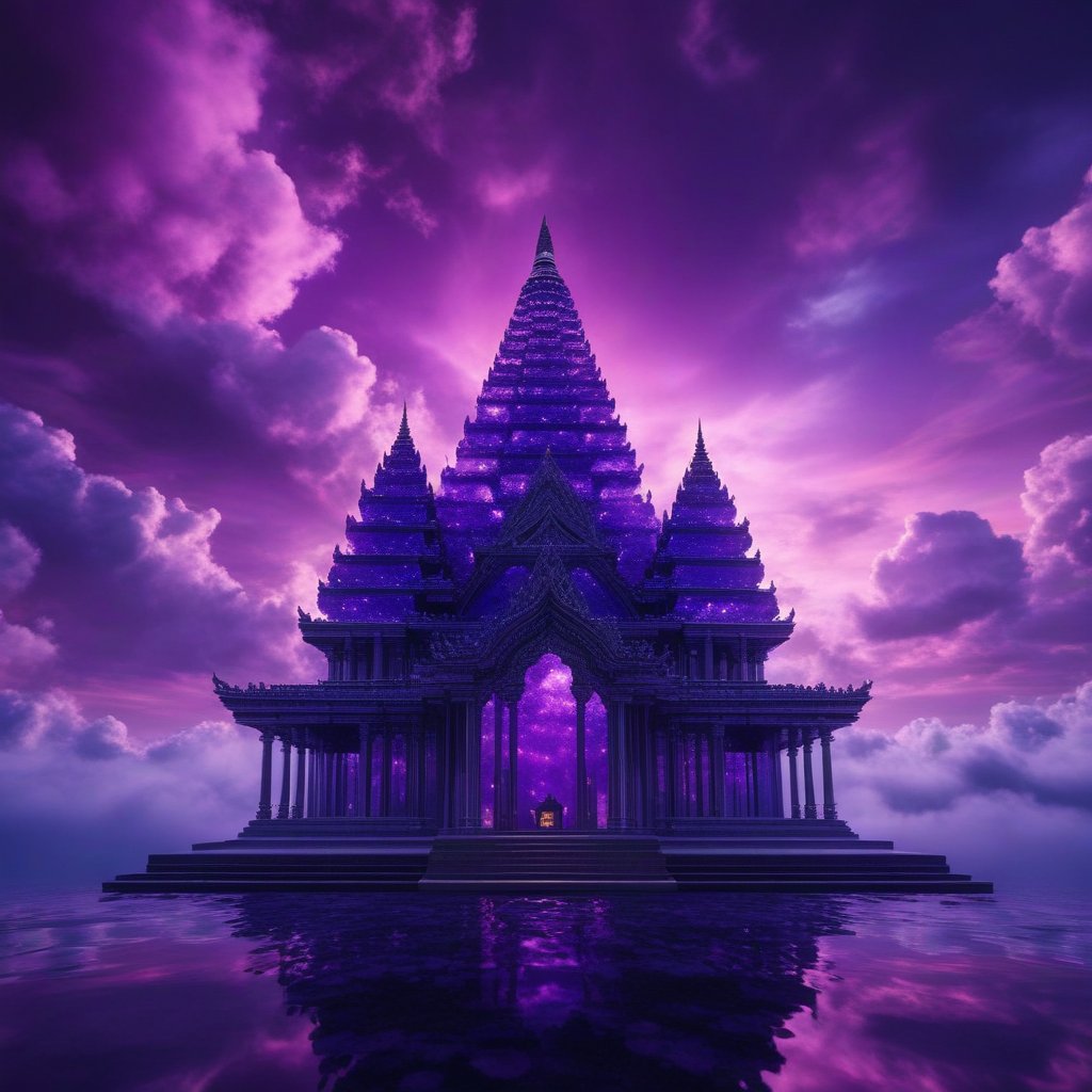 A cinematic wide shot of a glass temple floating in a sky made of purple clouds, with many different animals made of light flying around it