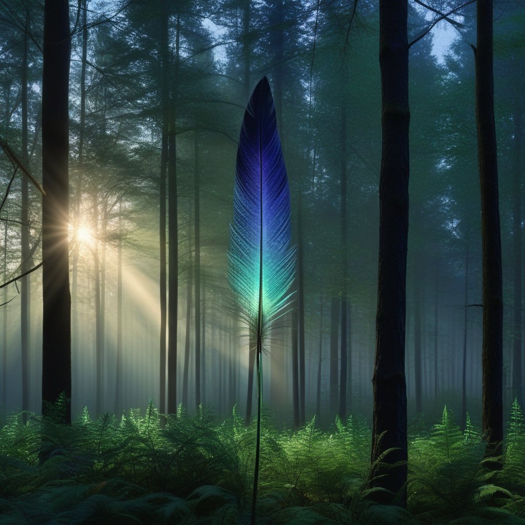 A peaceful sunrise over a forest where the trees look like they are made of emeralds and the sky looks like an iridescent feather