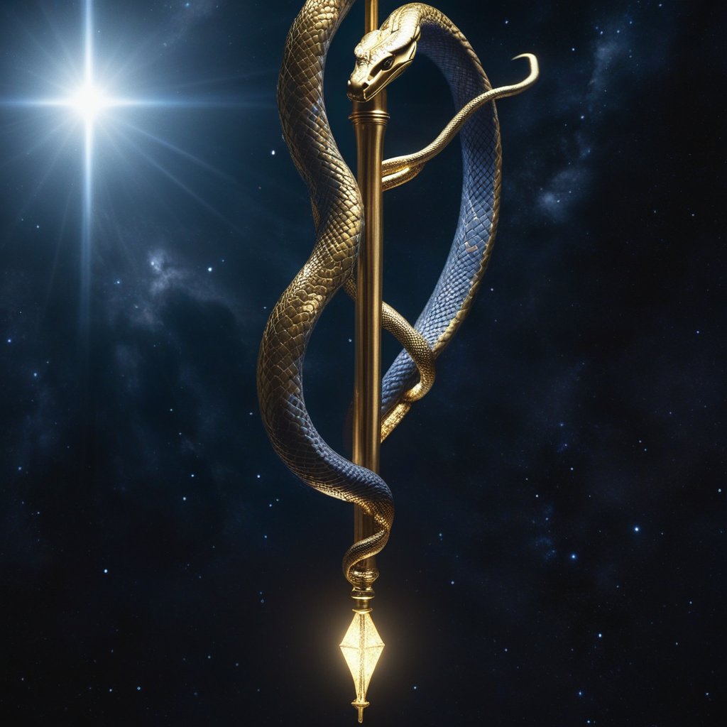 A golden caduceus staff with two snakes made of white light, floating in a cosmic void