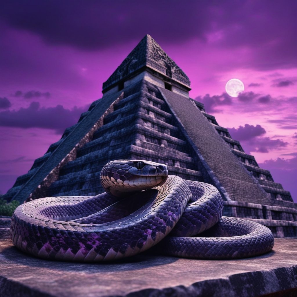 An ancient Mayan stone snake winding around a pyramid under a purple sky