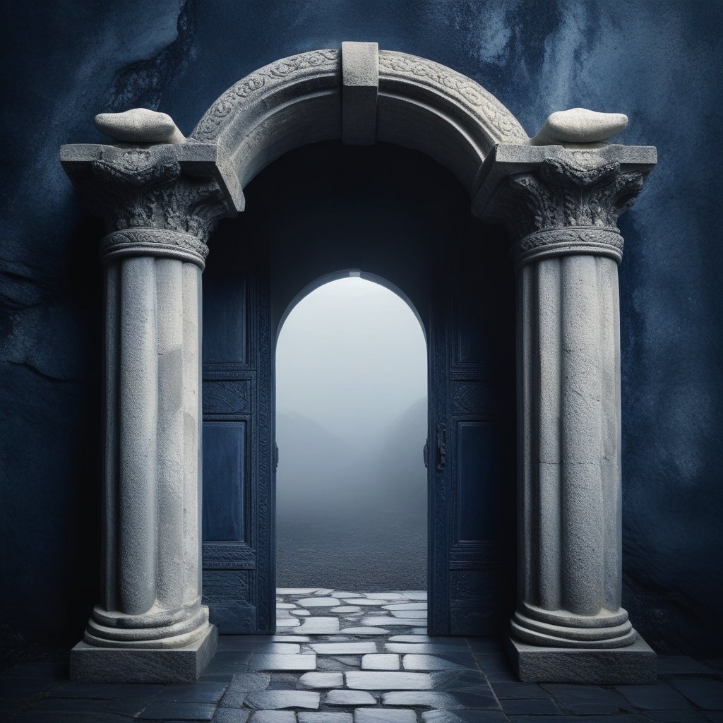 A surreal image of an ancient stone doorway shaped like a mouth, with ivory pillars, shrouded in mist