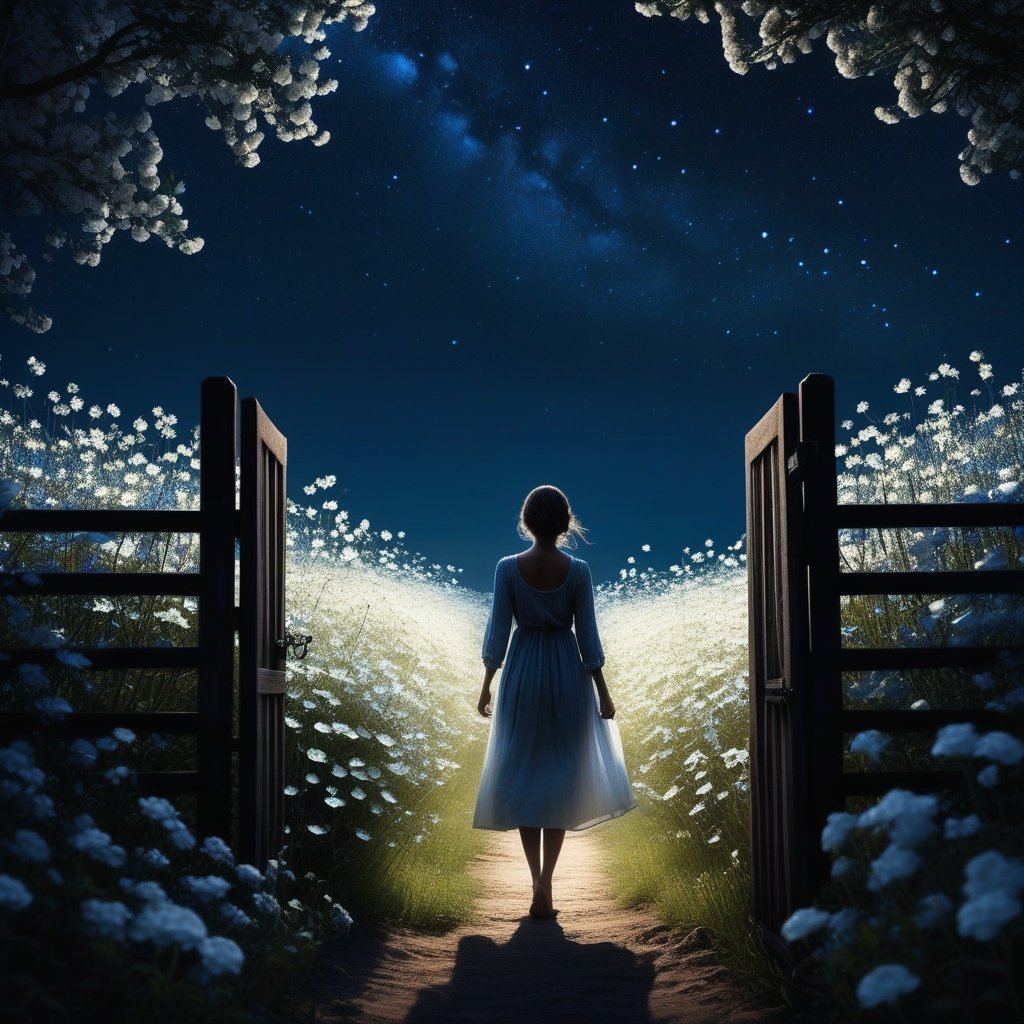 A silhouette of a person standing at a wooden gate that opens into a field of white flowers and blue light