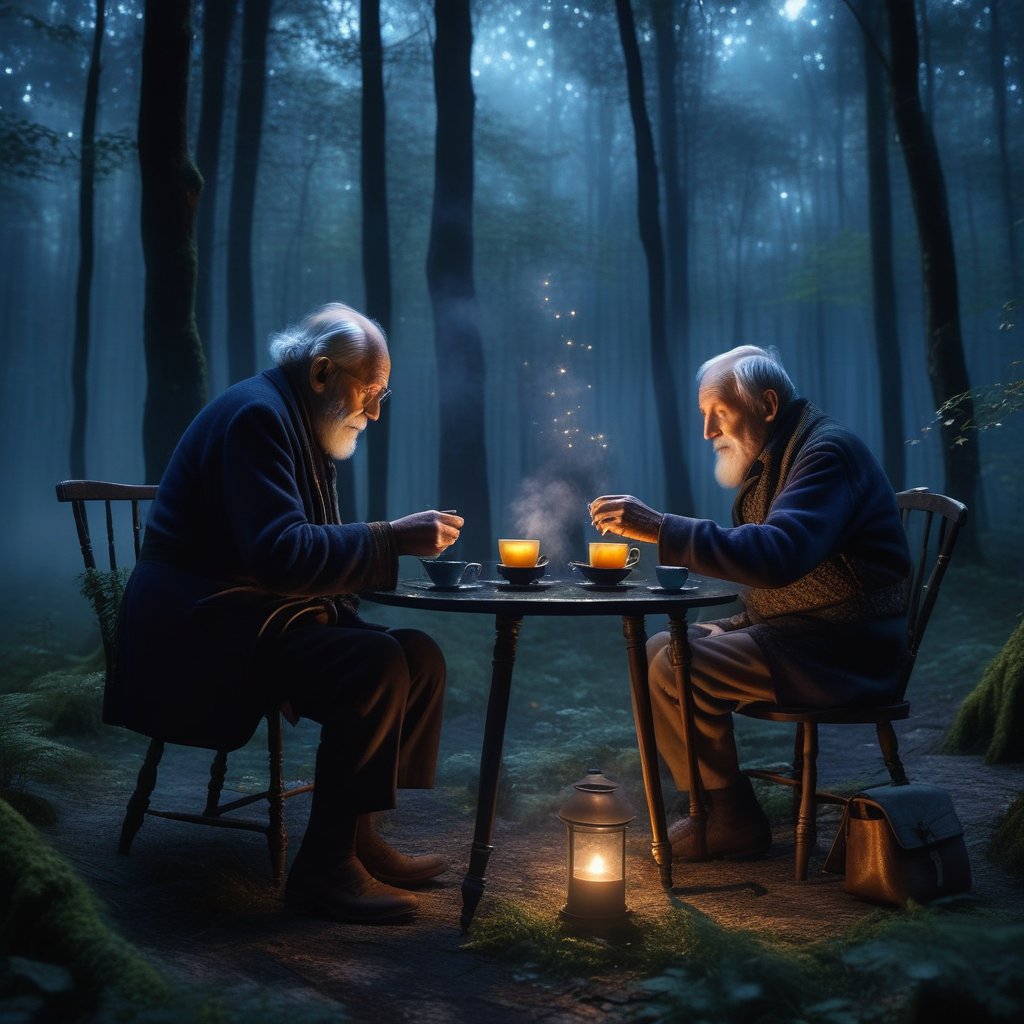 A glass table in a forest where an old man and a young person are sharing a cup of tea, with the steam turning into stars