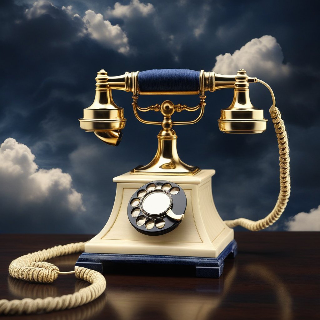 A surreal image of a telephone made of ivory and silk, with the cord turning into a golden thread that vanishes into the clouds