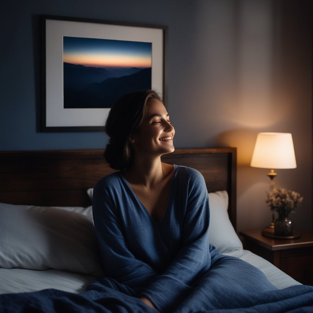 A cinematic shot of a person waking up with a smile, with the soft light of dawn hitting a framed photo of a loved one