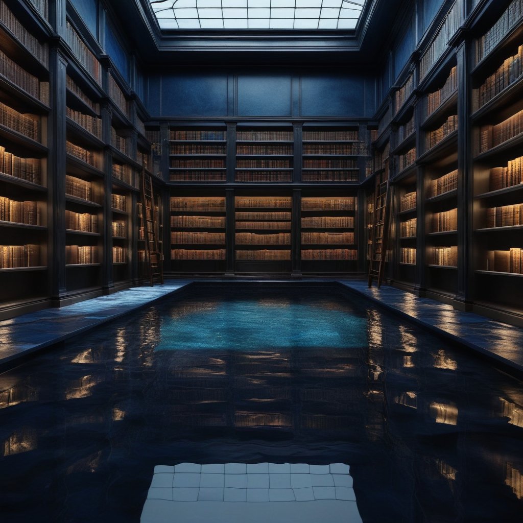 A surreal library where the books are made of water and the floor is a shallow, reflective pool