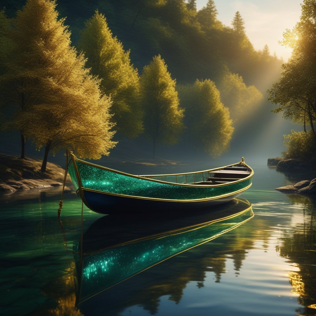 A glass boat floating on a river of liquid gold, with trees made of emerald light on the banks