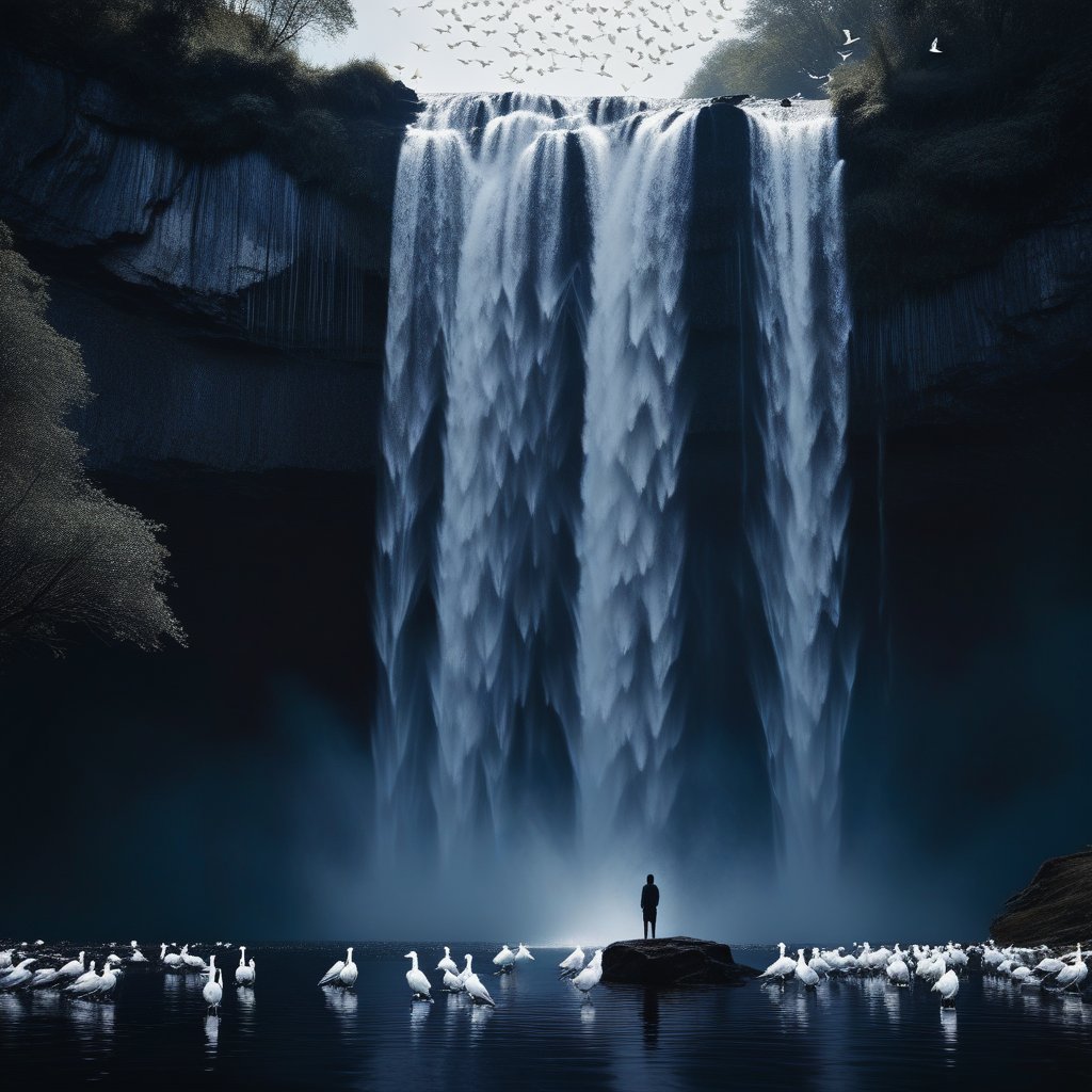 A silhouette of a person standing on the edge of a waterfall, with the water turning into white birds as it falls