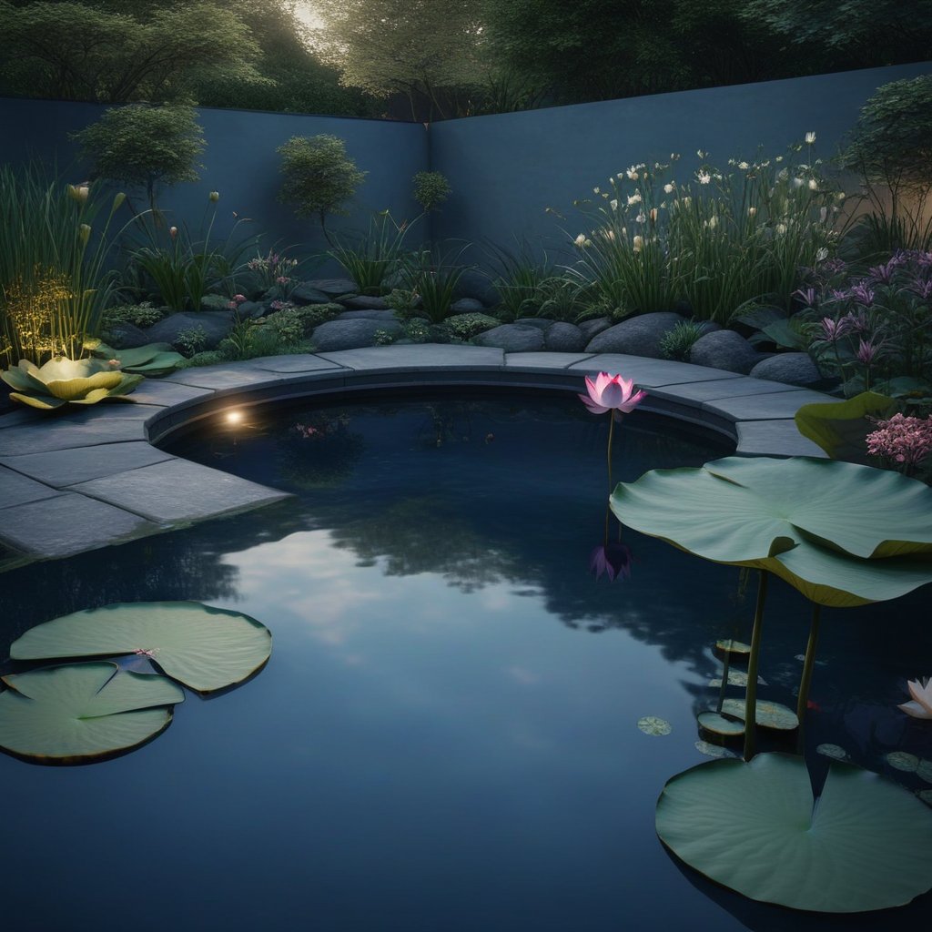 A serene garden with a clear pond, where a single drop creates a ripple that turns into a lotus flower