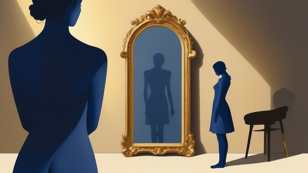 Surreal illustration of a person looking in a mirror and seeing a shadow figure