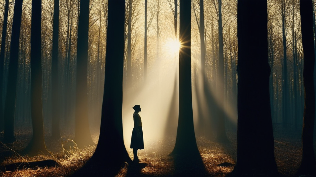 Person turning to face the shadow, glowing with inner light