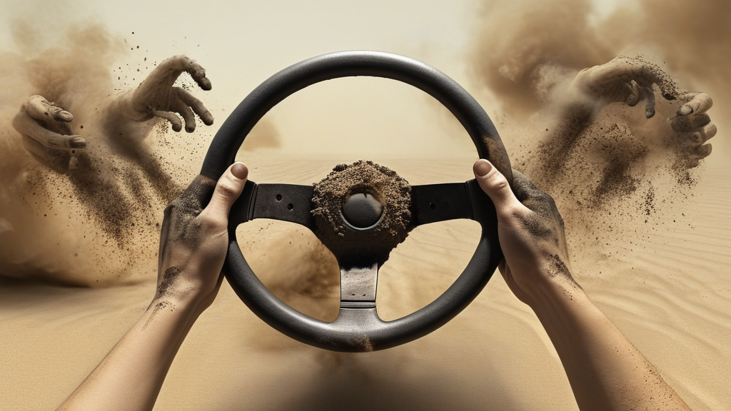 Hands gripping a steering wheel that is dissolving into smoke
