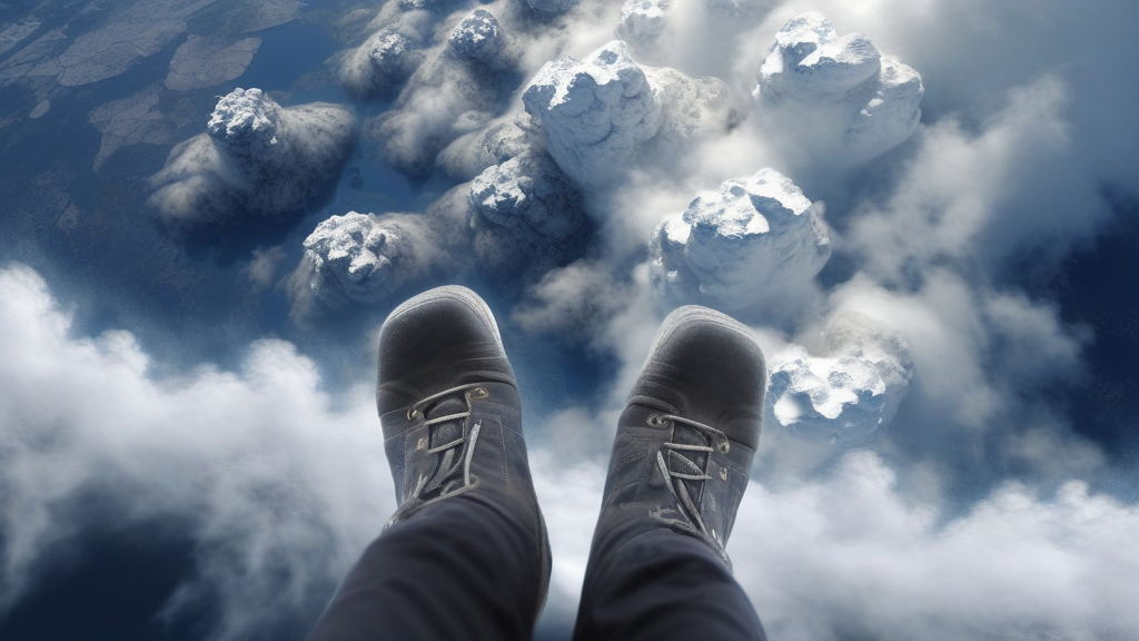 Detail shot of feet dangling over clouds, perspective of looking down