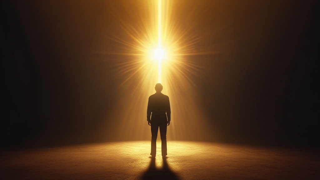 A figure standing tall, radiating light, transmuting shame into power