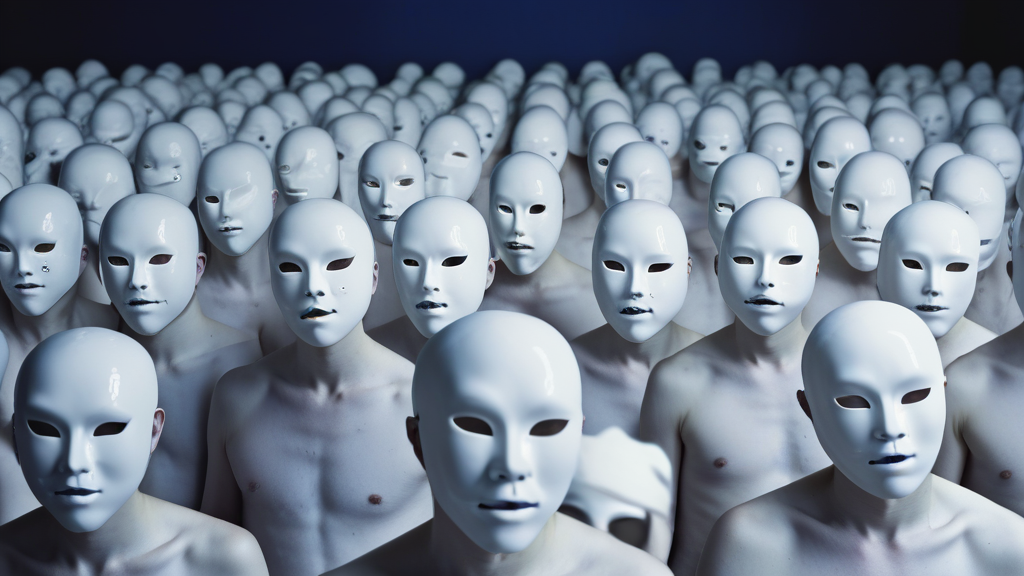 A crowd wearing identical white masks while the subject is bare-faced and colorful