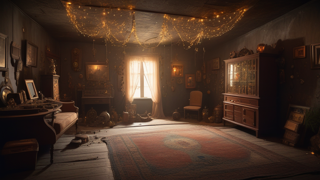 A dusty but magical library filled with glowing artifacts