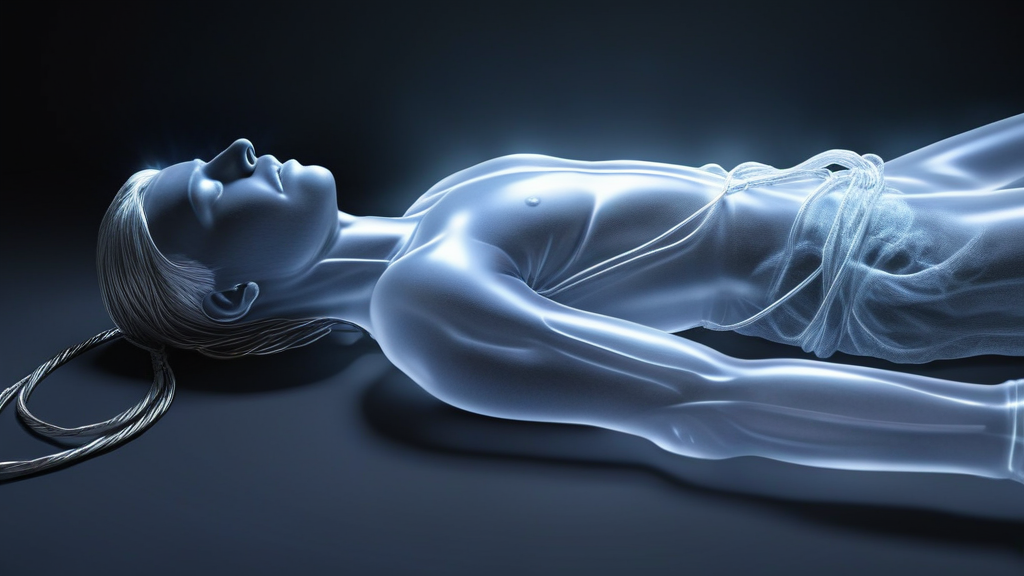 A spirit pulling out of the body, silver cord visible