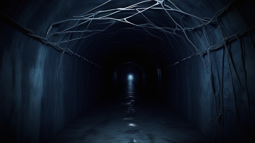 A stylized, dark perspective of being caught in a web, looking out