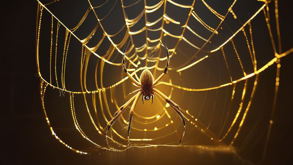 A spider glowing with bioluminescence, weaving a golden thread