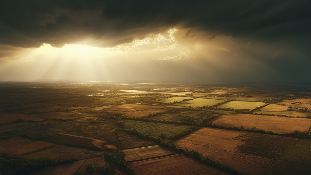 Calm sun breaking through storm clouds over a ravaged landscape