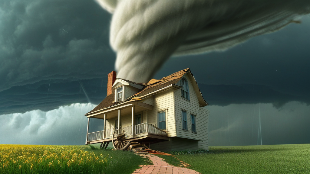 A house being lifted into the air (Wizard of Oz style), debris swirling