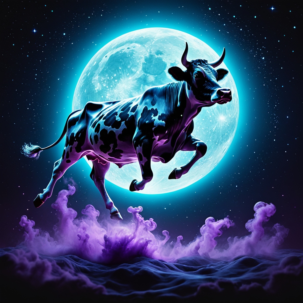 Surreal cyber-mystic cow leaping over the moon