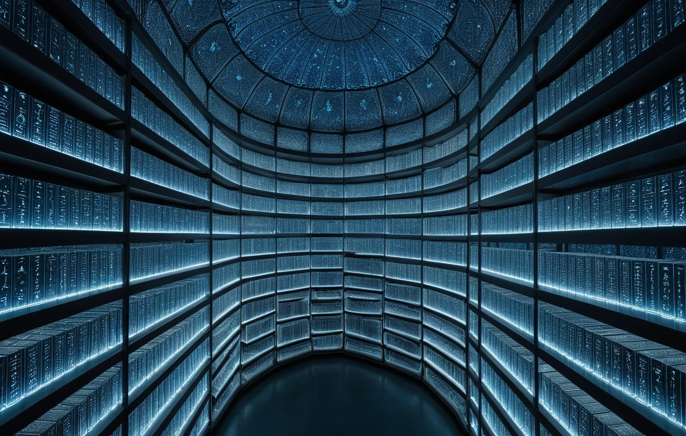 A crystalline symbolic data vault containing linked shelves of symbols, myths, themes, and cultures