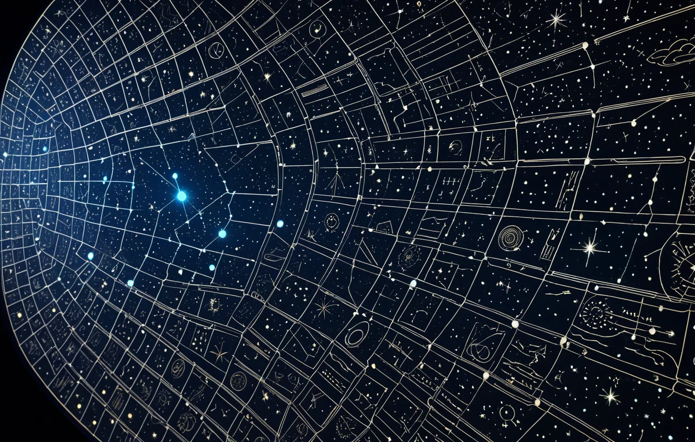 Engraved symbol tablets connected to theme constellations and cultural pathways at architectural scale