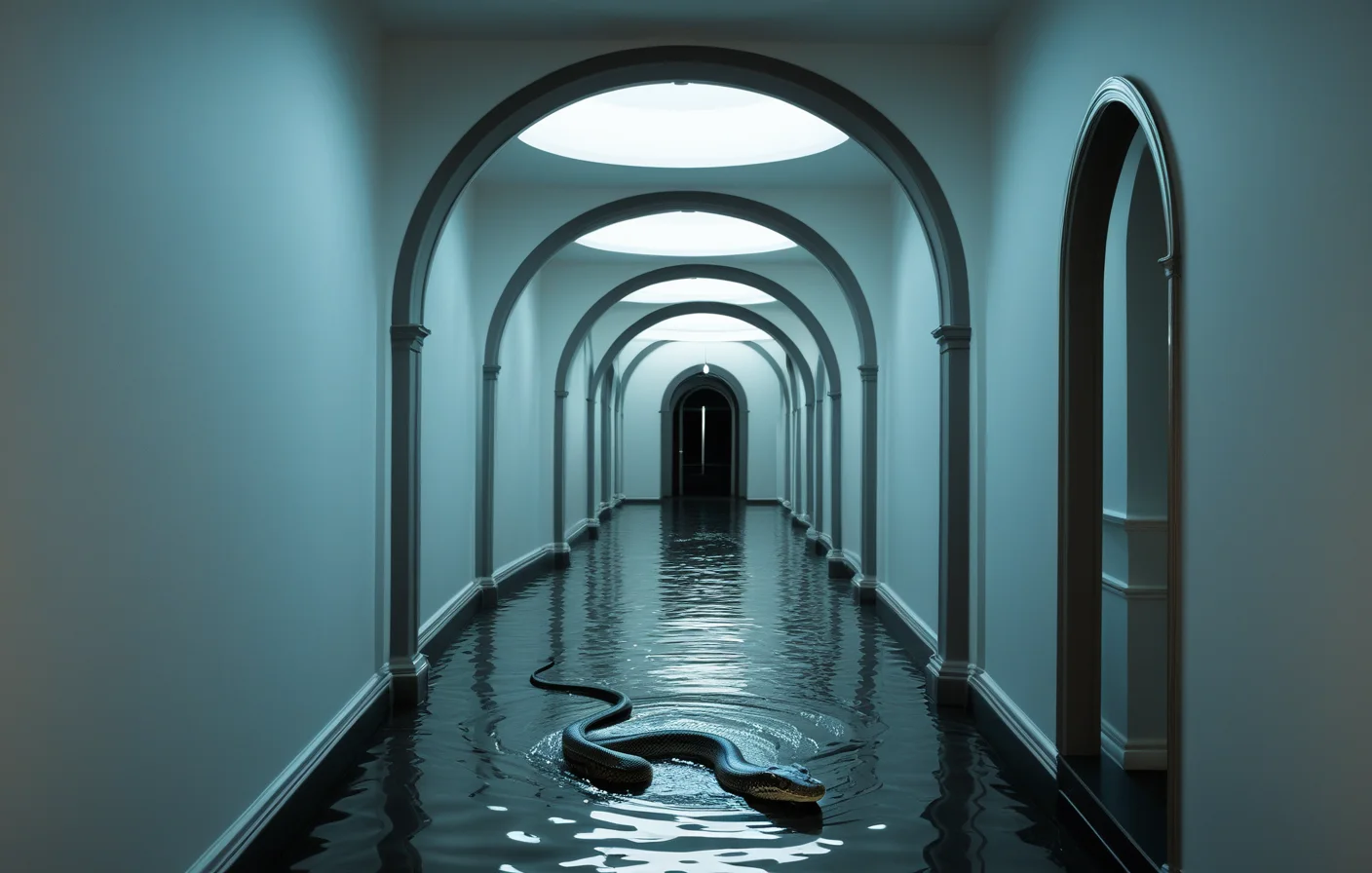 A corridor of recurring dream scenarios displayed as luminous museum archways