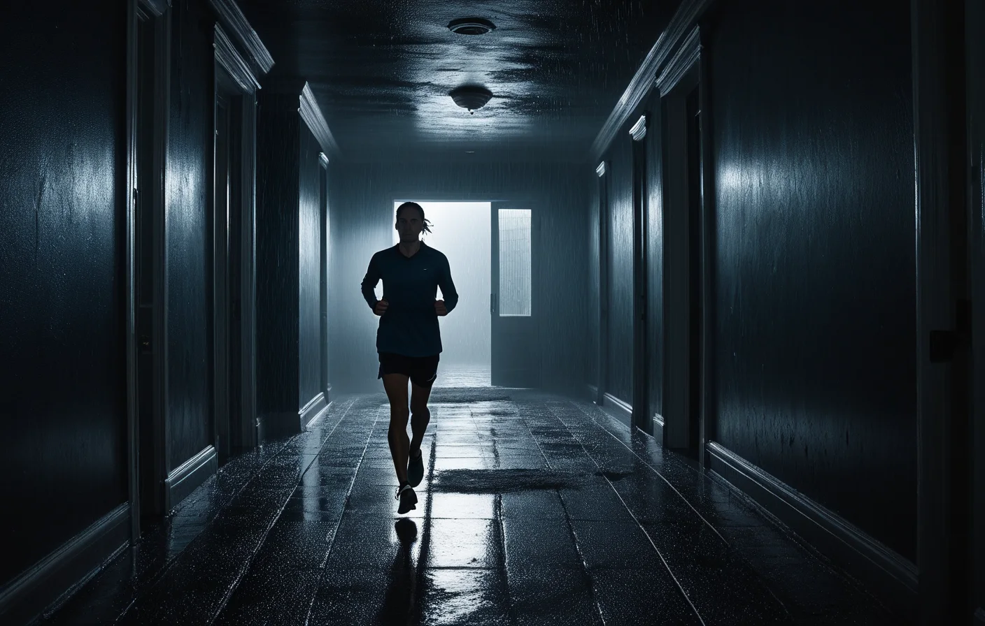A recurring nightmare environment where pursuit, corridors, and storm pressure merge into one threshold scene