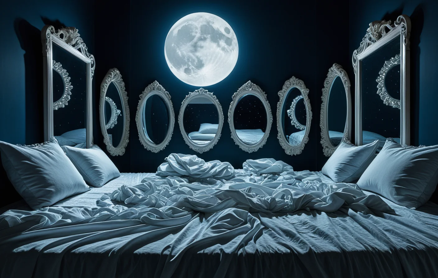 A tableau of recurring motifs including teeth, mirrors, water, and exposure arranged around a moonlit bed