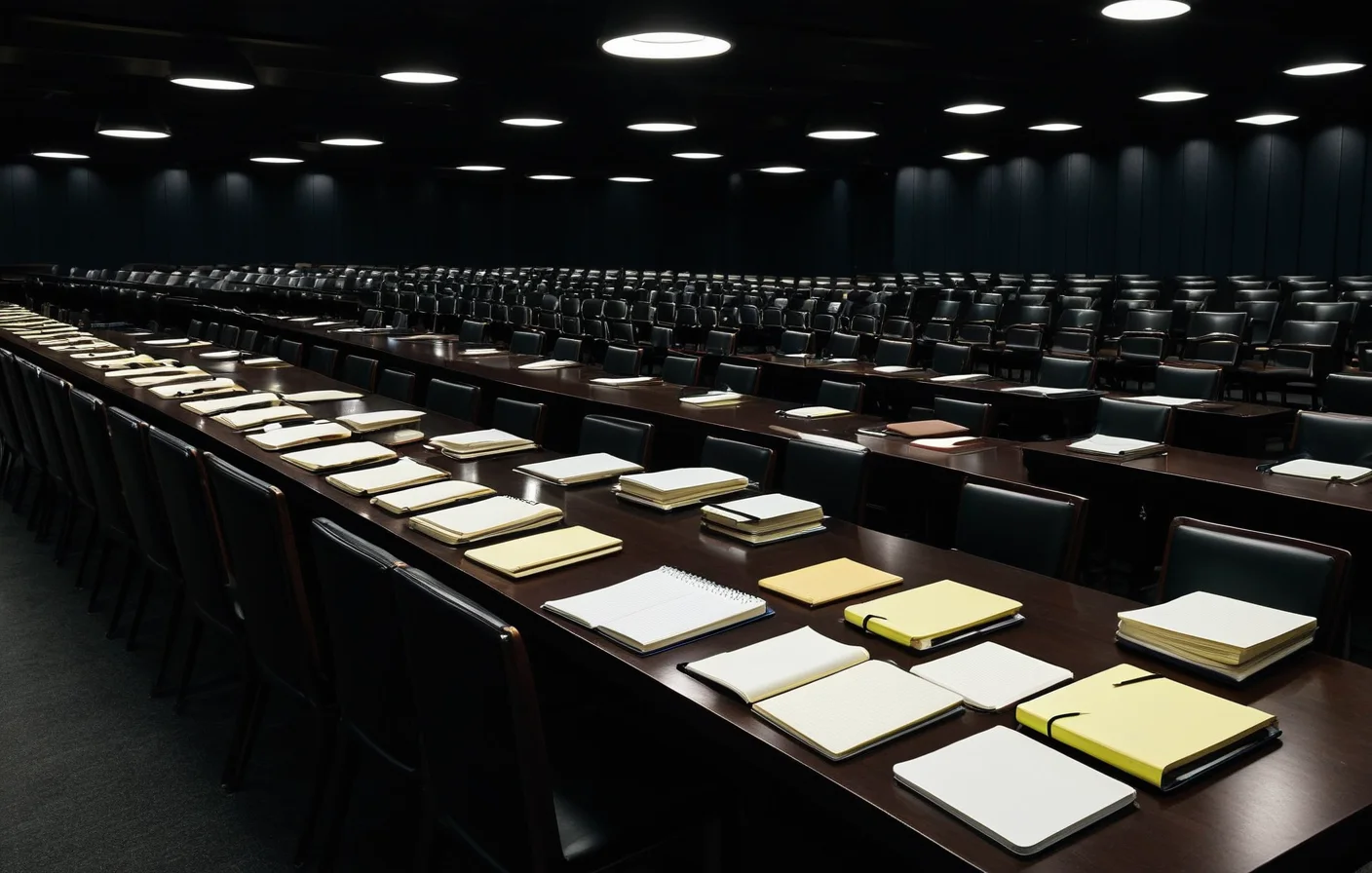 A symbolic editorial roundtable of notebooks, review marks, and illuminated dossiers