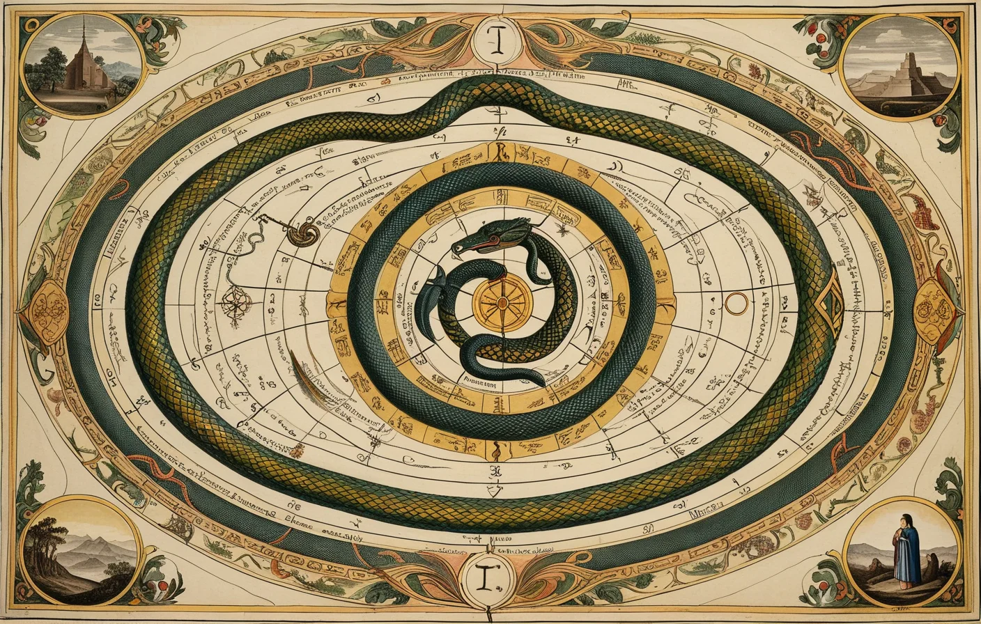 A comparative symbolic map where serpent imagery branches into medicine, danger, and awakening across traditions