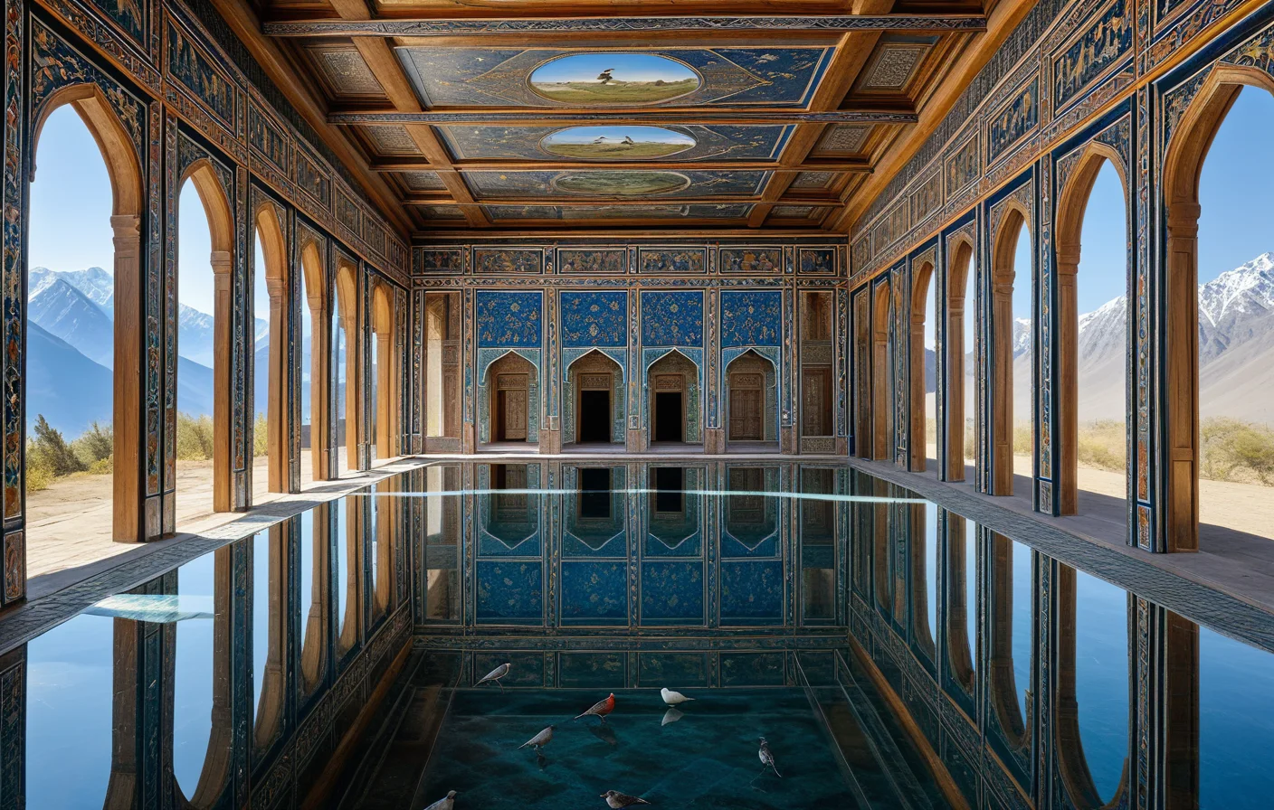 A mirrored hall where water, birds, doors, and mountains are reflected differently by surrounding cultural motifs