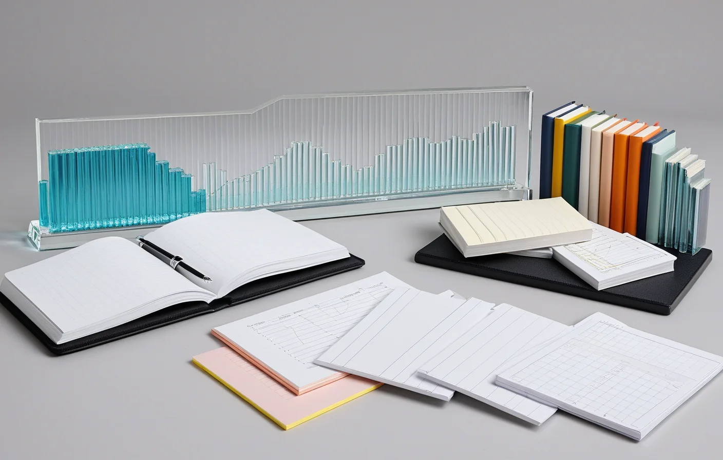 A symbolic dashboard of books, cards, and crystalline bars forming clear comparative patterns