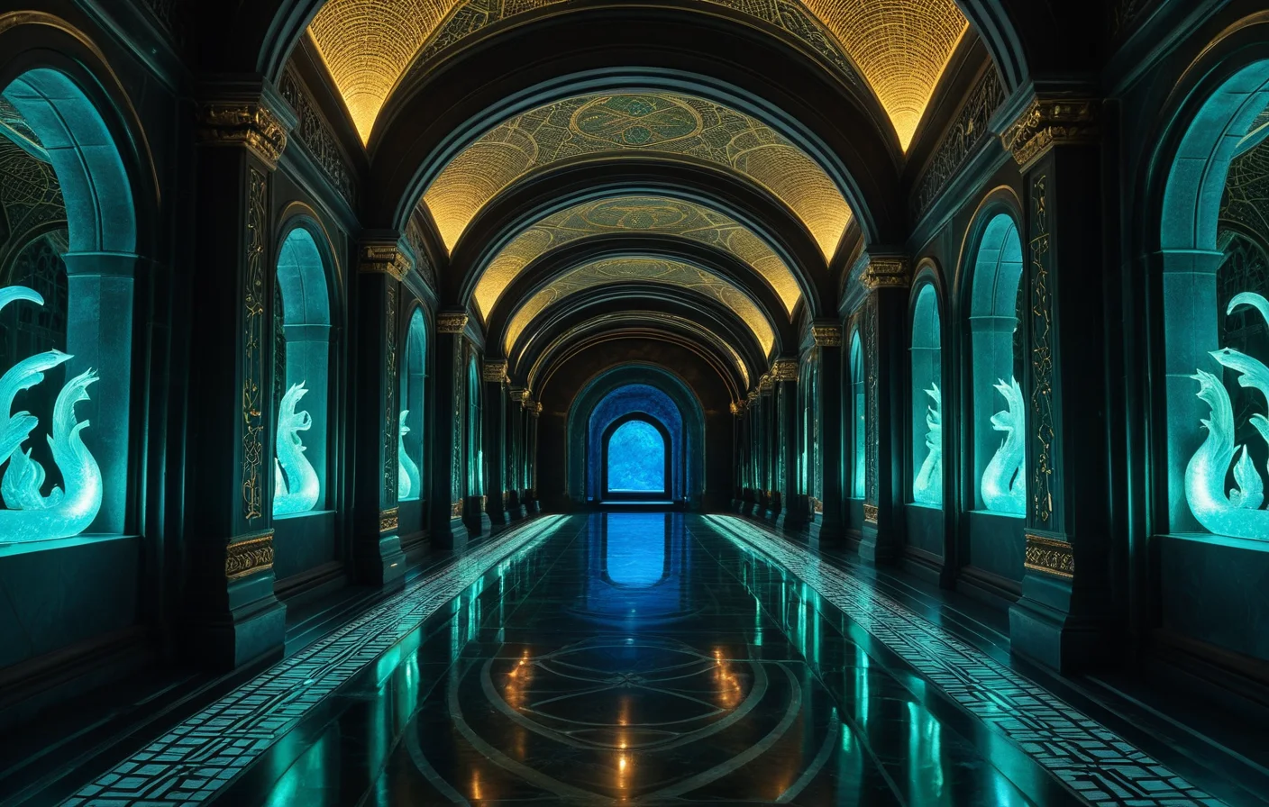A taxonomy hall of dream symbol categories connected through luminous chambers