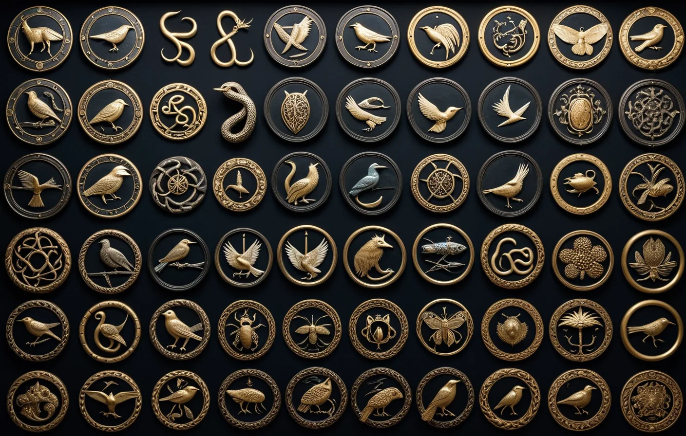 A symbolic animal gallery where birds, serpents, wolves, insects, and fish appear as category emblems
