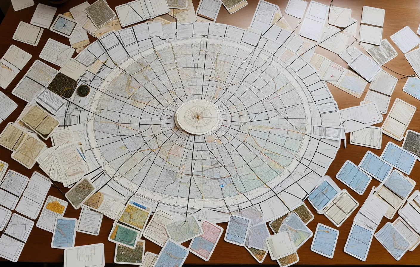 A symbolic editorial workspace of taxonomy cards, maps, and connected myth threads