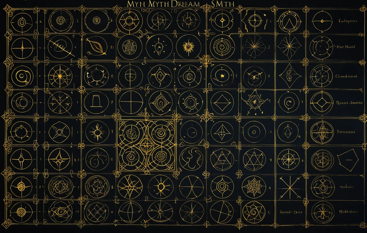 A comparative archive where myth fragments and recurring dream symbols are linked by golden lines
