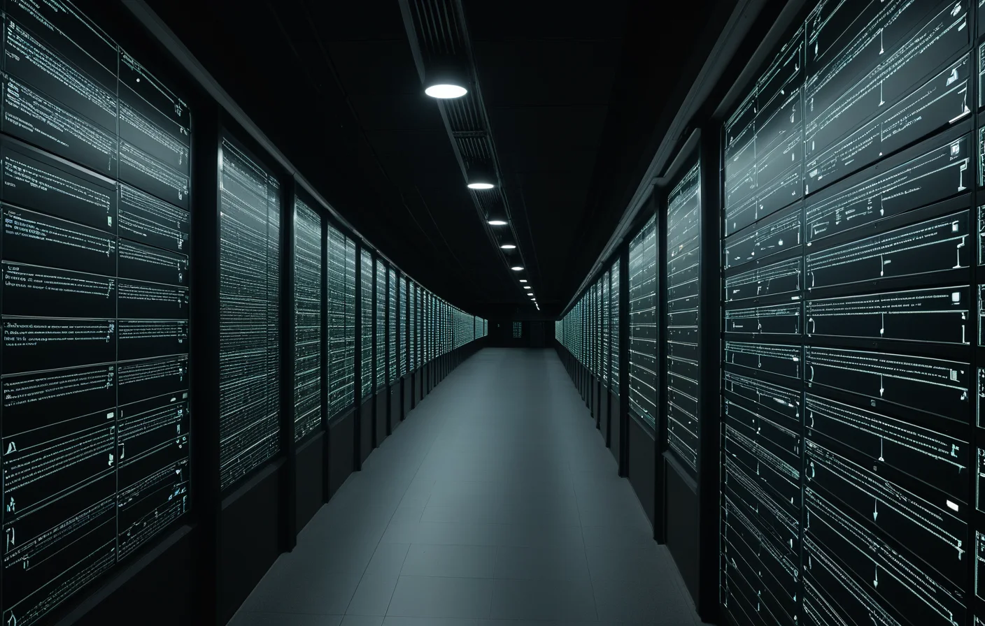 A maintenance corridor where symbolic records brighten in sequence as updates move through the archive