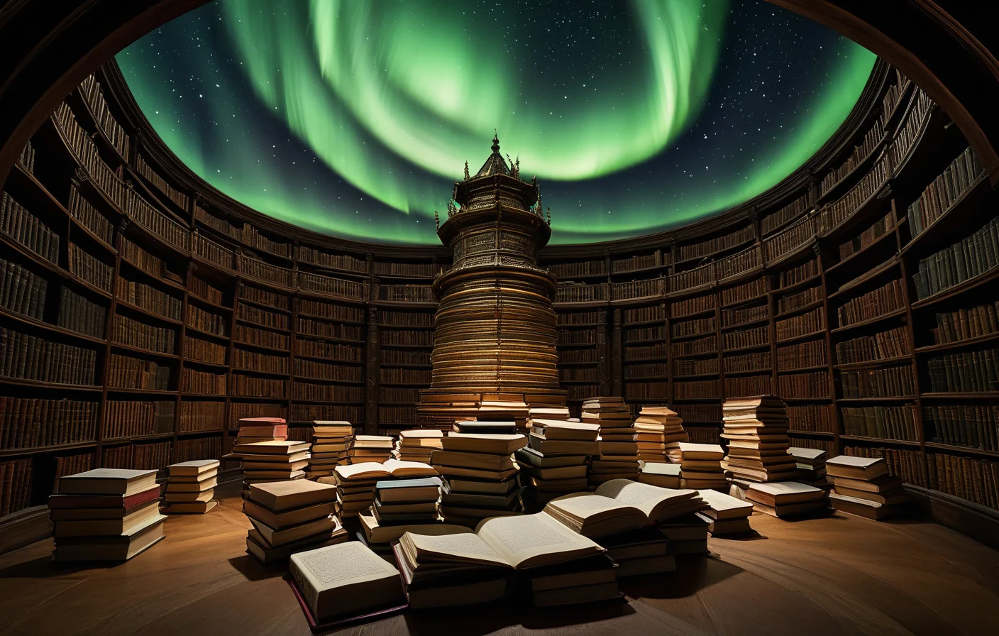 A grand symbolic bibliography chamber where dream research, mythology, and symbolic references meet