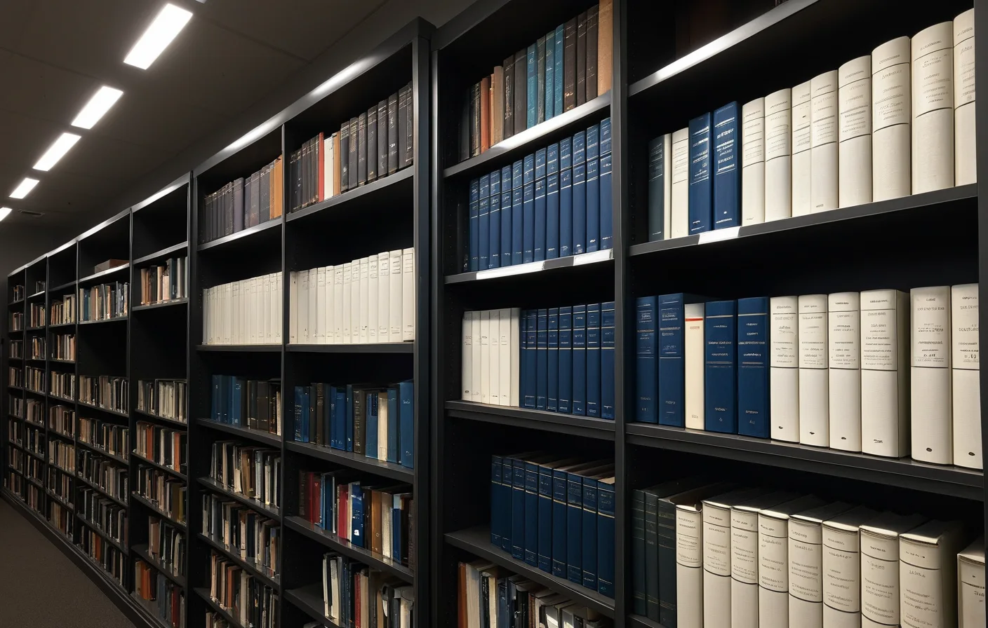 Shelves of dream science and REM research volumes illuminated in a nocturnal academic library