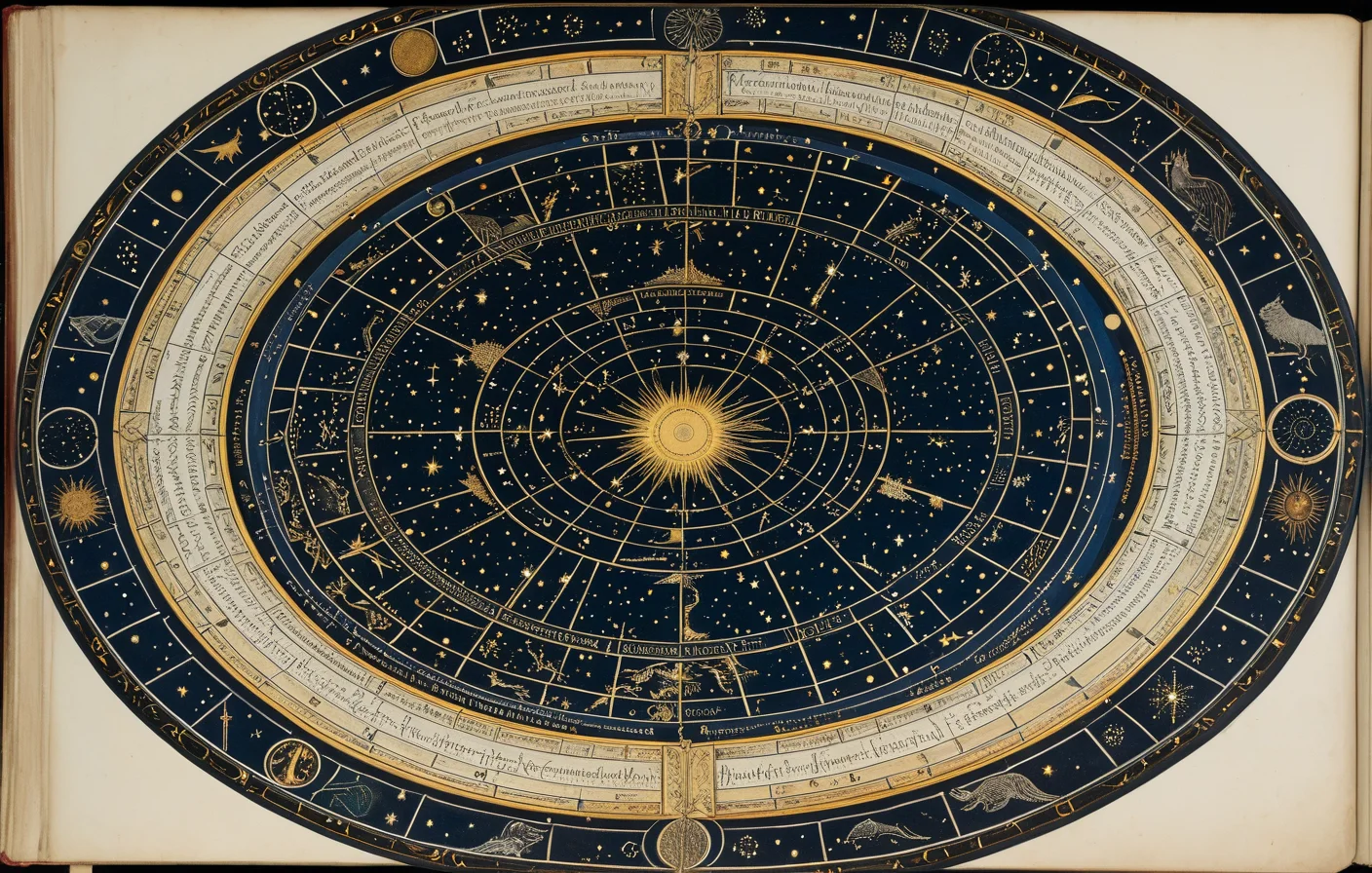 A circular library table where mythology texts, folklore manuscripts, and symbolic dictionaries are connected by constellations of light