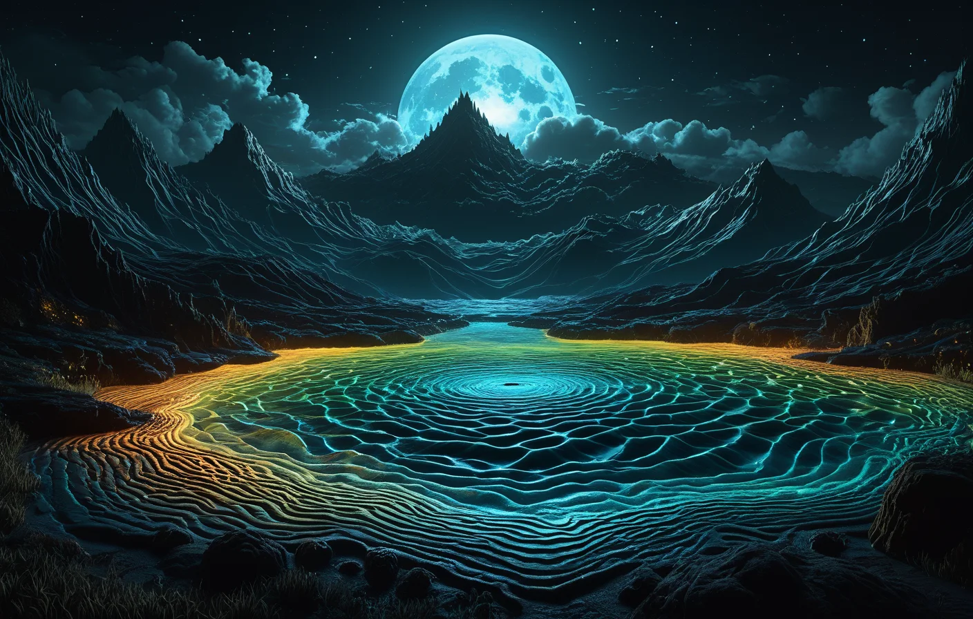 A symbolic dream climate chart made from layered terrains of fear, transformation, water, and thresholds