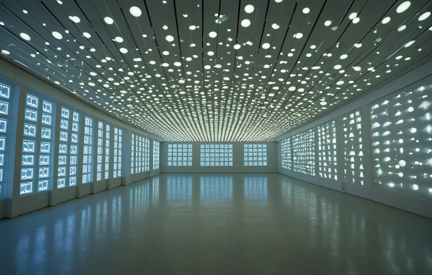 A hall of recurring dream motifs represented as luminous artifacts suspended in an archive of pattern and recurrence