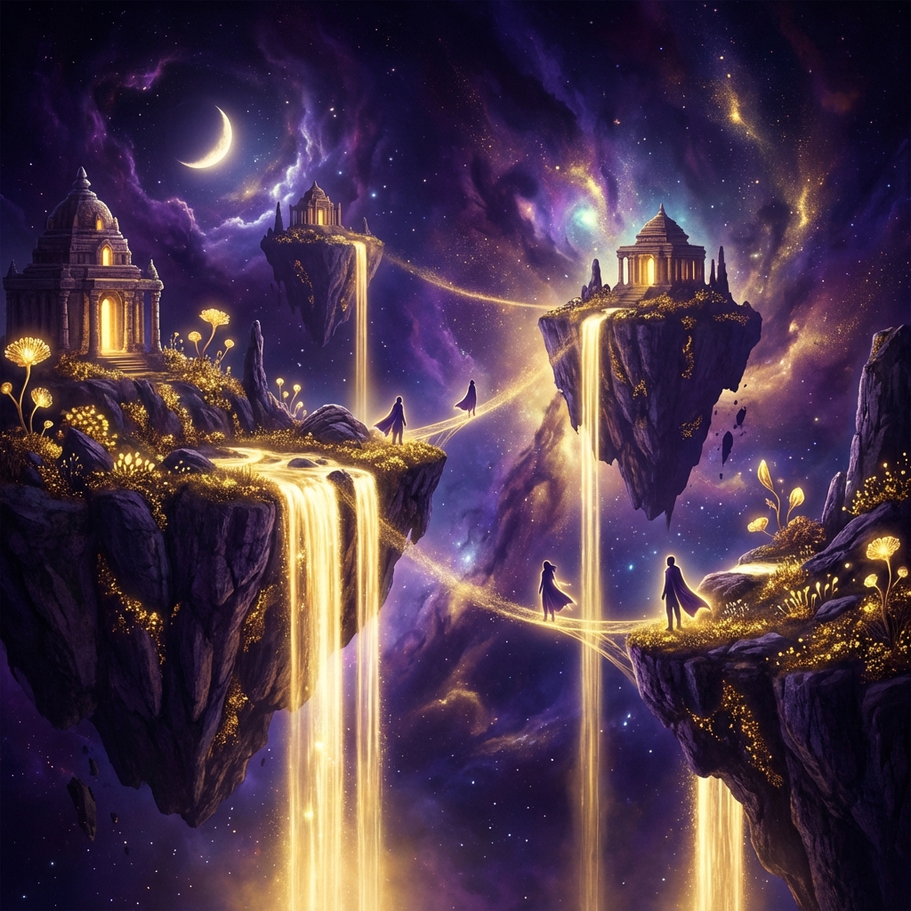 Surreal dreamscape with floating islands and nebulae